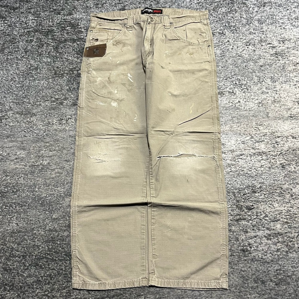Wrangler Riggs Pants Mens 36x29 Beige Distressed Carpenter Workwear Utility